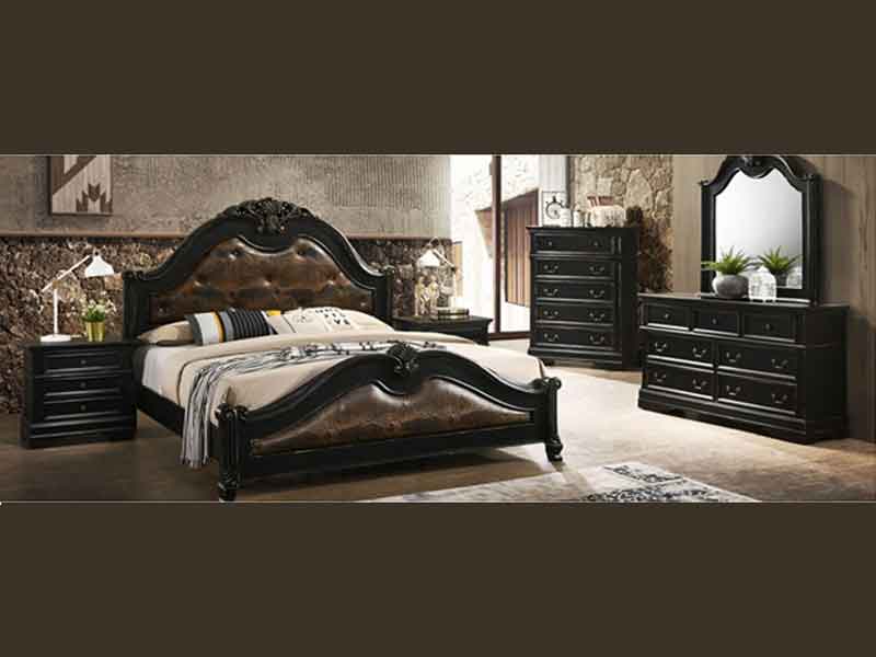 The luxurious, button-tufted, padded headboard with an alligator skin theme and scrolling accents set this group apart.