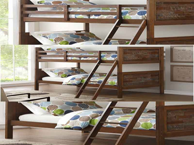 Twin over twin artesian panel bunk bed adds a warm look to any bedroom with the butcher block headboard panels, and warm brown glaze finish.